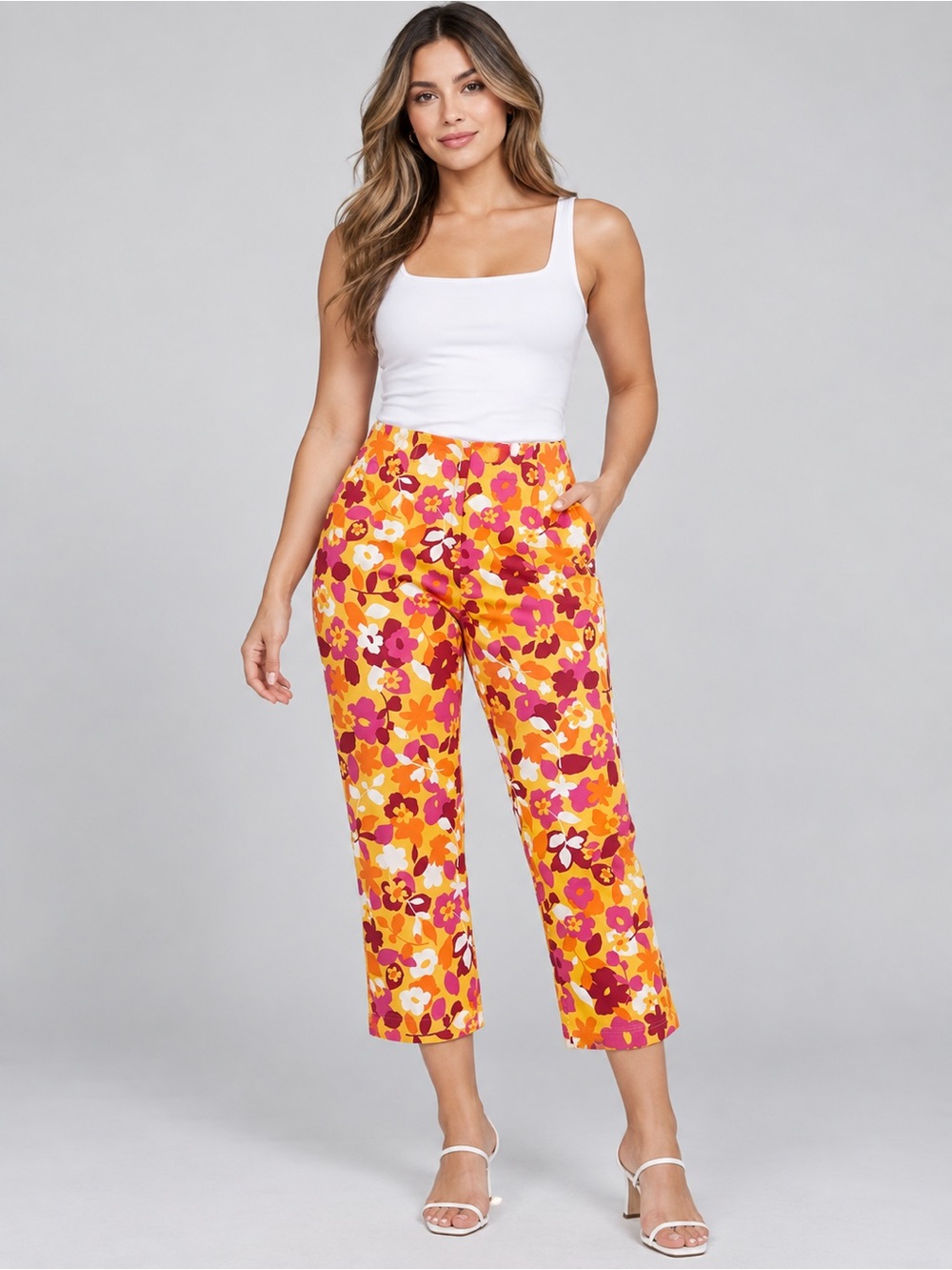 Sunny Floral Cropped Wide-Leg Pants - Yellow & Pink